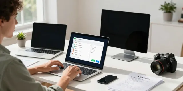Individual downloading GB WhatsApp APK on modern tech workspace setup at gbapps.net.