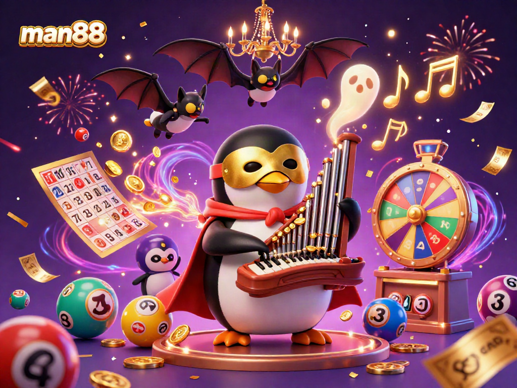 Experience excitement at man88 with a 3D cartoon penguin playing an organ among vibrant casino elements.